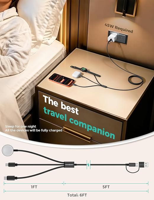 Travel Essentials,3 in 2 USB C Cable for Apple Watch Charger,iPhone Charger,Multi Charging Cable,Cruise Vacation Camping Portable for iWatch Series 11-2/Ultra/SE & iPhone 17-12,Car,Black-6FT