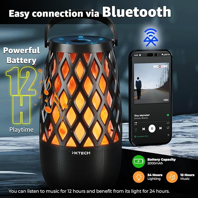 IXTECH Outdoor Bluetooth Speaker Waterproof Wireless Portable Speaker with LED Flame Lights Linkable Torch Lantern for Party Pool Camping Halloween Christmas Birthday Gift 2 Pack