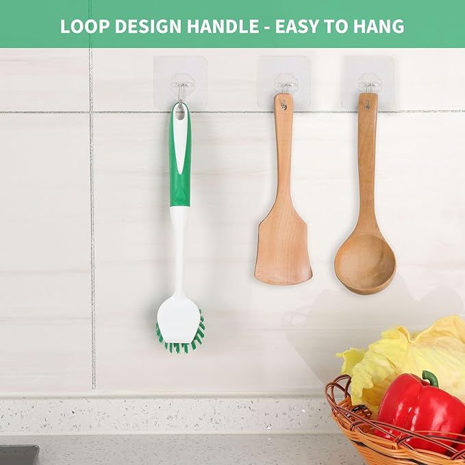 Dish Brush with Handle, 2 Pack Scrub Brushes with Built-in Scraper