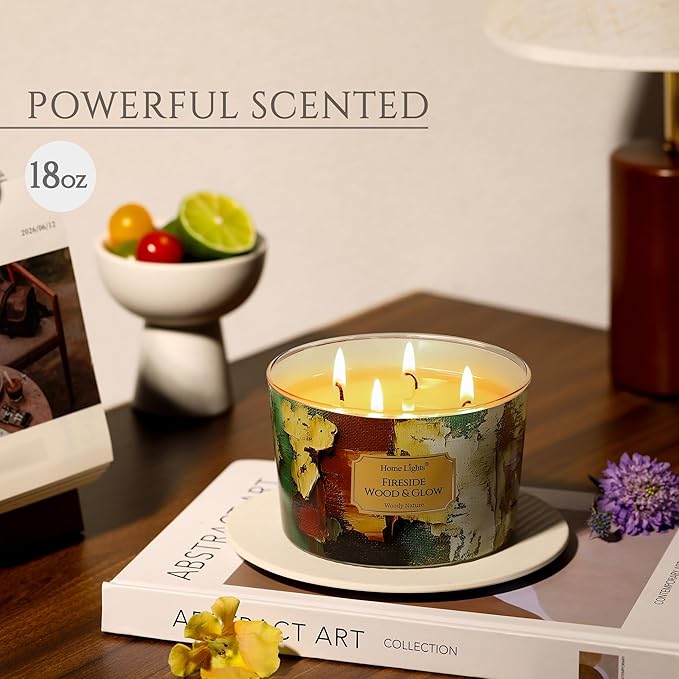 HomeLights 4-Wick Candles for Home Scented - 18oz Soy Wax Blend Candle Long-Lasting Fragrance, Industrial Chic Home Decor and Housewarming Gifts, Fireside Wood & Glow