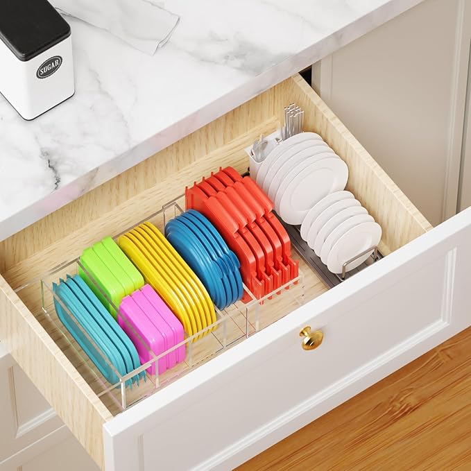 Expandable Lid Storage Organizer: Kitchen Food Container Lids Organizer for Cabinet - Acrylic Extra Large 10-18" Food Storage Container Holder for Cabinets Cupboards Pantry Drawer