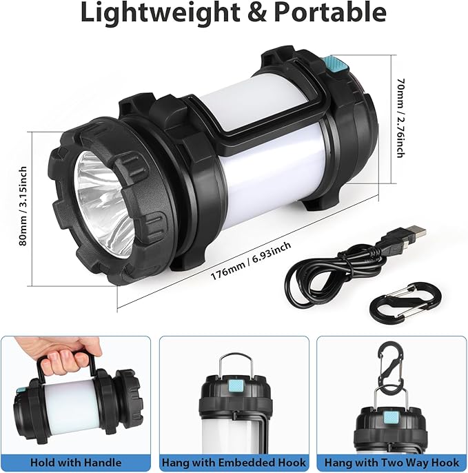 2 Pack Camping Lantern, Outdoor LED Camping Light, Rechargeable Flashlights with 1000LM, 6 Modes, 4000mAh Power Bank, IPX5 Waterproof Portable Emergency Camp Light for Hurricane Survival - Black