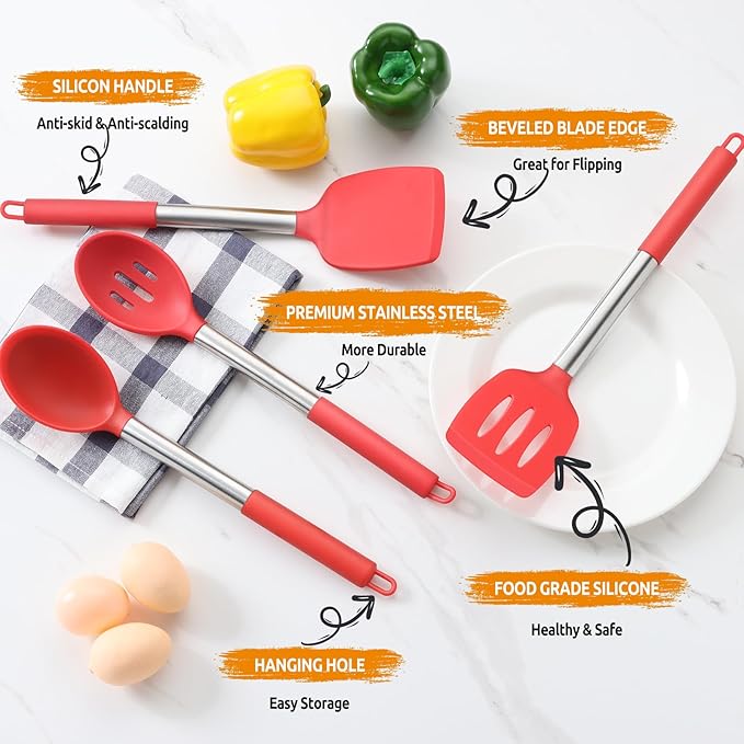 Cooking Utensils Set of 4, E-far Silicone Kitchen Utensils