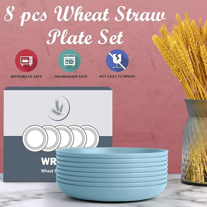 Wrova Wheat Straw Plates - 10 Inch Unbreakable Deep Dinner Plate Set of 8 - Dishwasher & Microwave Safe Plastic Plates Reusable - Lightweight Plate for Kitchen,Outdoor, RV. (Light Blue)