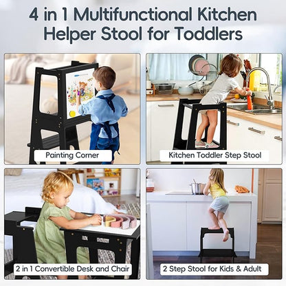 4 in 1 Kitchen Step Stool Helper for Toddlers, Toddler Learning Standing Tower with Whiteboard 2 in 1 Convertible Table and Chair, Widened Platforms for Little Ones Kitchen Counter Bathroom Sink