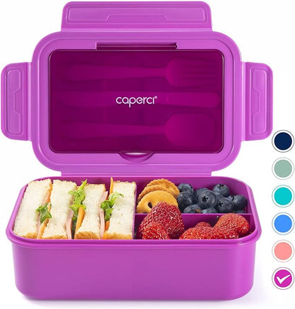 Caperci Classic Bento Lunch Box for Adult & Older Kids - Leakpoof 47 oz 3-Compartment Lunch Containers for Adults and Teens, Built-in Utensil Set, Ideal for On-the-Go, Purple