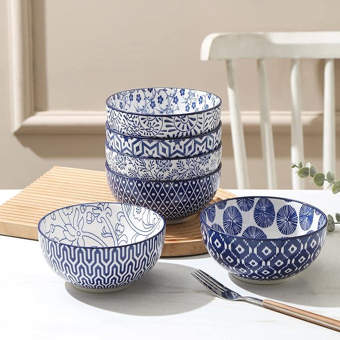 Selamica Ceramic Cereal Bowls Set of 6, 24 Oz Deep Soup Bowls for Kitchen, 5.9 Inch Porcelain Dessert Bowls for Salad, Pasta, Oatmeal, Ramen, Microwave Dishwasher Safe, Set of 6, Vintage Blue