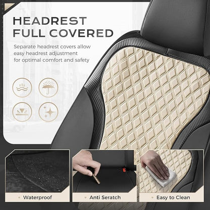 Coverado Car Seat Cover 5 Seats, Leather Seat Covers Full Set, Durable Waterproof Car Seat Protectors, Black and Beige Seat Cover, Spill-Proof Automotive Seat Covers Universal Fit for Most Cars