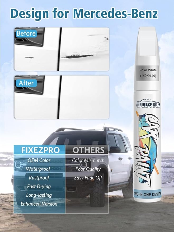 Polar White Touch Up Paint for Mercedes, Color Exact Match Car Paint Scratch Repair Pen Quick & Easy Fix Vehicle Chips and Automotive Nicks Scuff