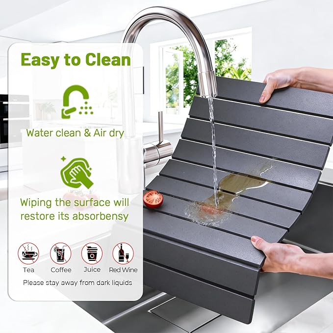Large Stone Dish Drying Mat for Kitchen Counter, Foldable Diatomaceous Earth