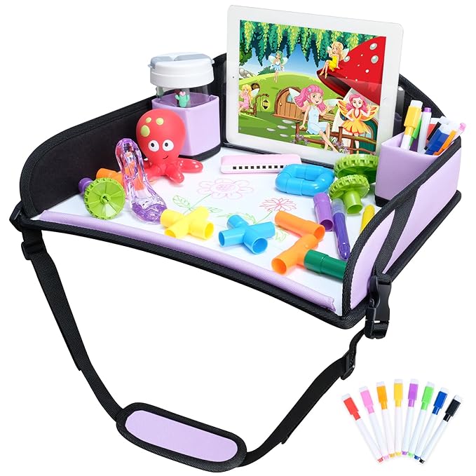 COOLBEBE Kids Travel Tray for Car Seats, Toddler Lap Desk with Dry Erase Surface, Portable Activity Table for Road Trips, Snack & Play Tray (Purple)