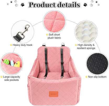 Dog Booster Car Seat for Dogs up to 35lbs, Safety Pet Car Seats with Anti-Slip Bottom, Travel Booster Dog Bed with 2 Storage Pockets (Pink, Medium)