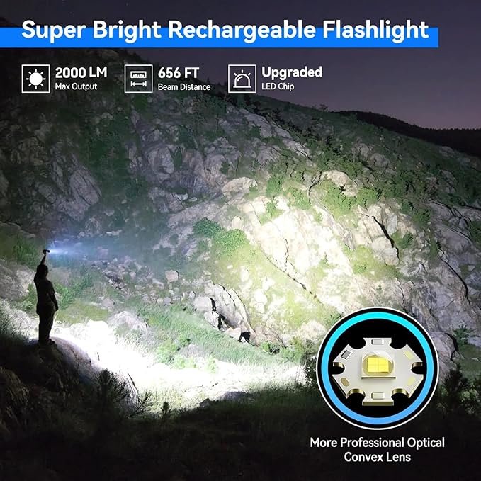 LETMY Rechargeable Flashlights High Lumens, 2 Pack 2000 Lumens Super Bright LED Tactical Flashlight, 3 Modes Samll Powerful Flash Lights with Clip, Waterproof Flashlights for Home Emergency Camping