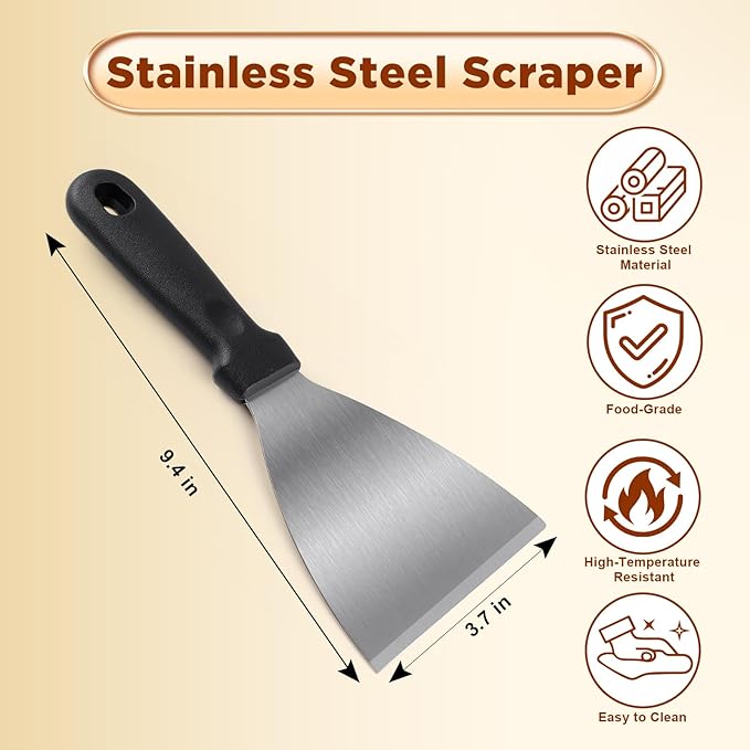 Griddle Scraper，Stainless Steel Grill Scraper, Slant Edge Metal Spatula
