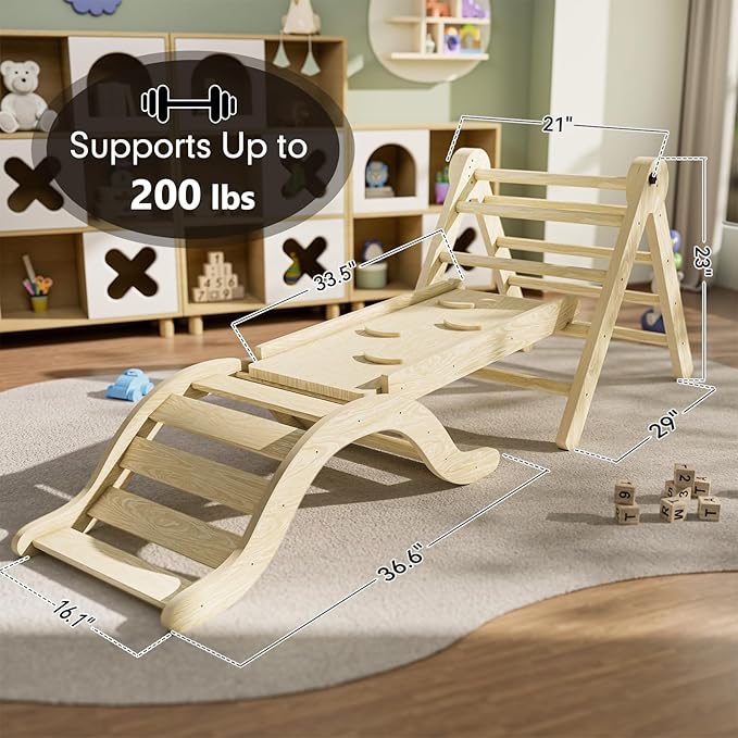 Pikler Triangle Set Climber 5 in 1, Toddler Climbing Toys Indoor Folding with Ramp & Arch & Mat for Montessori Play Gym for Toddlers and Kids (Natural)(99" Wx21 Dx23 H)