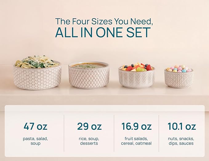KooK Serving Bowls, with Lids, Ceramic Nesting Bowls, Microwave and Dishwasher