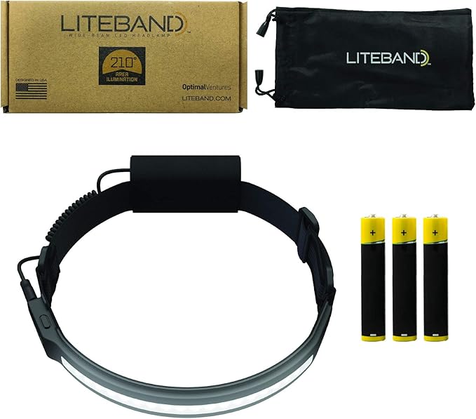 OPTIMAL VENTURES LED Headlamp Liteband Super Lightweight ACTIV 350 Lumen Bright Head Lamp, AAA Battery Powered Headlamps, Camping, Running, Hard Hat Light, Best Rated for Forehead Flashlight, Carbon
