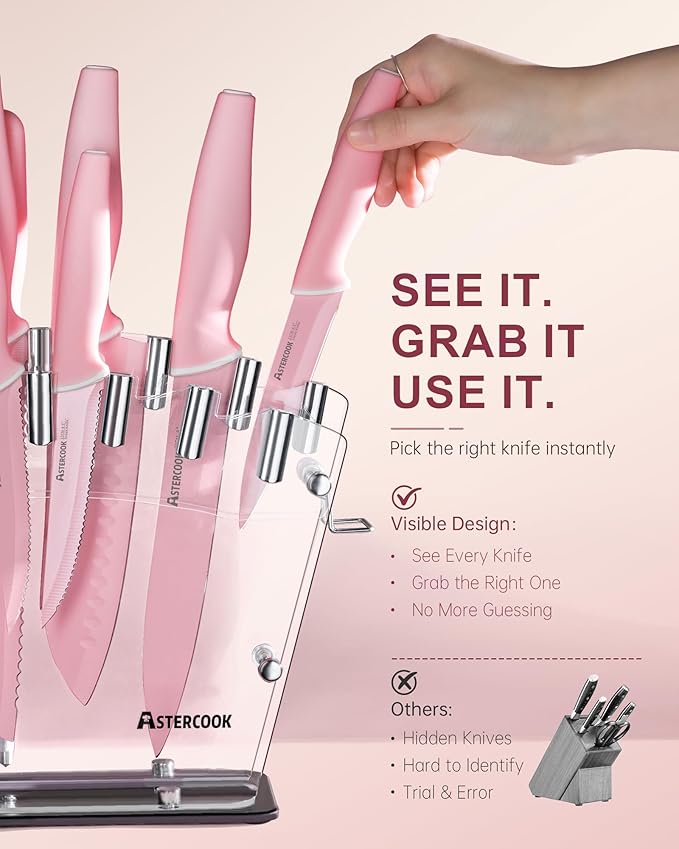Astercook Knife Set with Block and Sharpener, 22 Piece Kitchen Knife Set