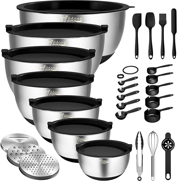 Wildone Mixing Bowls with Airtight Lids, with 3 Grater Attachments, Scale Mark