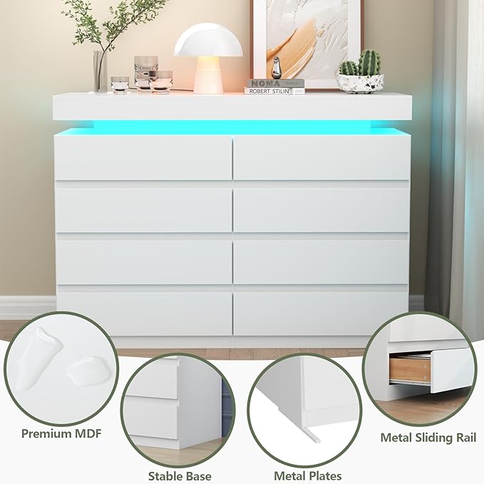 8 Drawer Dresser with Power Outlet, Dresser with LED Light, Modern Chest of