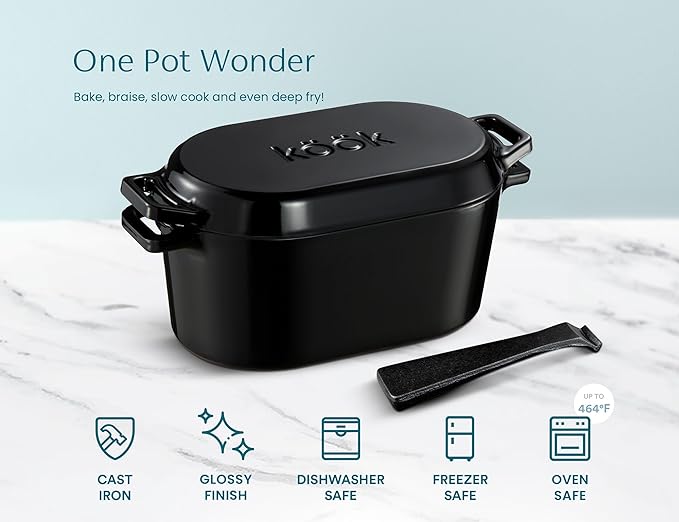 KooK Dutch Oven, for Bread Baking, Sourdough Loaf Pan, with Lid, Dual Handles, Enameled Cast Iron, includes Lid Lever, Dishwasher Safe, 3.4 Qt, Black