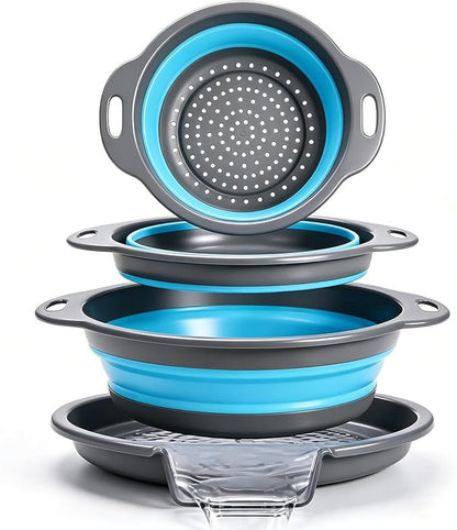 Collapsible Colander Set with Oversized Draining Tray | 3-Pack Foldable Kitchen