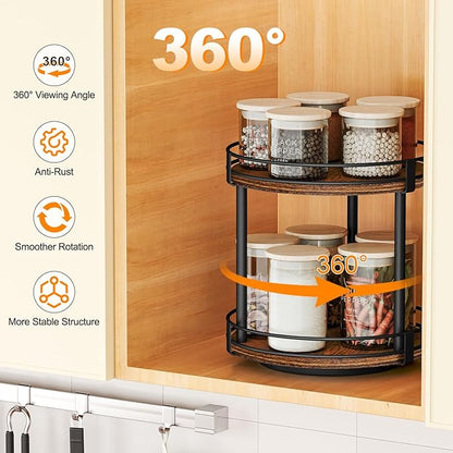 Snughome Rotating Spice Rack, 2 Tier Lazy Susan Organizer, Wood Kitchen