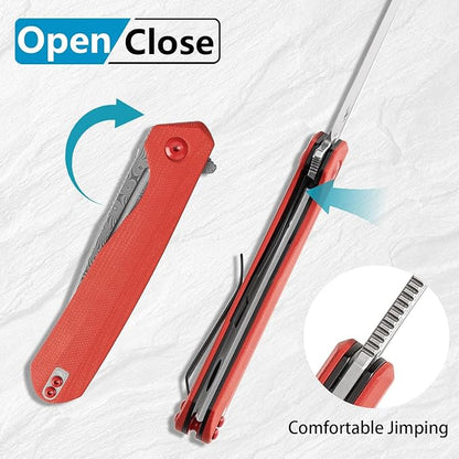 KANSEPT Qilin Pocket Knife,3.24'' Damascus Sharp Blade, Red G10 Handle for Edc, Flipper and Liner Lock with Double-Sided Clip, Men Camping Survival Folding Knives K1047A1