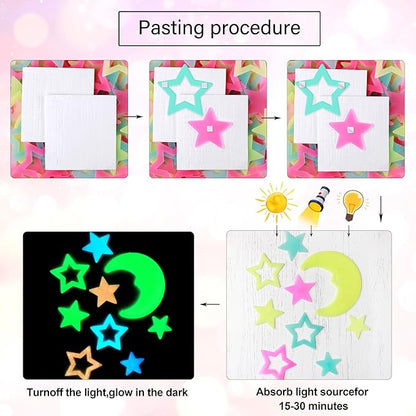 140 pcs Colorful Glow in The Dark Moon and Stars Wall Stickers Yellow Pink Blue Glowing Star Decor DIY 3D Hollow Luminous Stars Wall Decals for Kids Boys Baby Bedroom Ceiling Wall Decoration