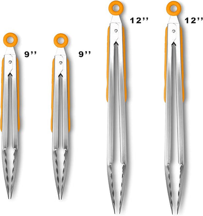 304 Stainless Steel Kitchen Cooking Tongs, 9" and 12" Set of 4 Sturdy Grilling Barbeque Brushed Locking Food Tongs with Ergonomic Grip, Orange