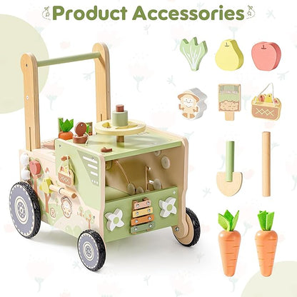 ROBUD Wooden Baby Walker, Baby Push Walker for 10+ Months, Montessori Push Toy, Adjustable Speed & Height Learning Toy with Activity Panel (Rustic Farm Adventure Theme)