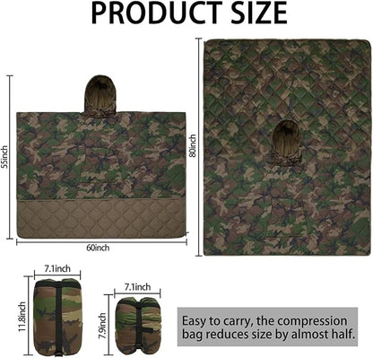 Poncho Liner Hoodie with Pocket Insulated Military Sleeping Bag Waterproof for Outdoor Camping Travel Survival Hunting Car Emergency