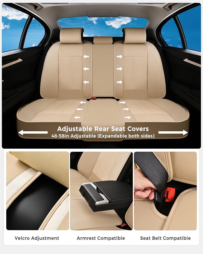 Huidasource Beige Seat Covers with Airbag, Thinned, Cooling Heating, Premium Faux Leather Car Seat Cover, Automotive Seat Covers with Velcro Adjustable Universal Fit for Most Cars SUV Trucks Beige