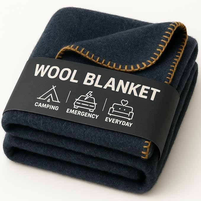 Wool Camping Blanket – 70% Wool Heavy-Duty Military Style Throw, Warm & Washable, Fire Retardant Cover for Emergency, Survival & Outdoor Use – Perfect for Camping, Car, Home & Hiking, Navy 66x90