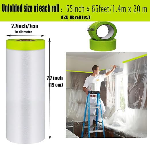 Painters Tape and Drape, 4 Rolls Automotive Painters Tape and Plastic Film, Paint Covering Roll for Cars and Auto Body (55in X 65-Feet)