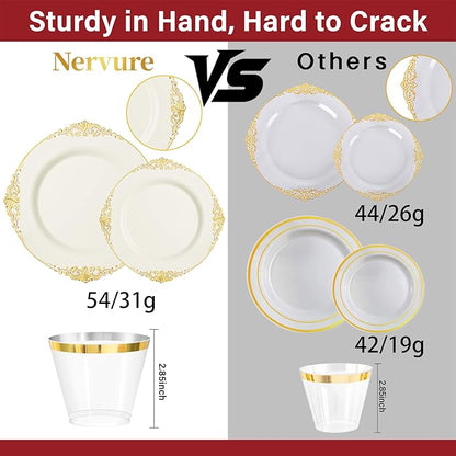 Nervure 350PCS Ivory Plastic Plates - Ivory Gold Plastic Dinnerware Sets for 50 Guests - 100 Gold Disposable Plates, 50 Pre Rolled Silverware Sets, 50 Cups Perfect for Wedding & Thanksgiving