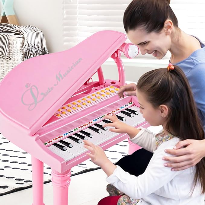 Costzon Kids Piano, 31 Key Mini Grand Piano Toy Keyboard with Microphone, Stool & Lights, Portable Electronic Piano Educational Musical Instrument Toy, Birthday Gift for Toddler Boys Girls (Pink)