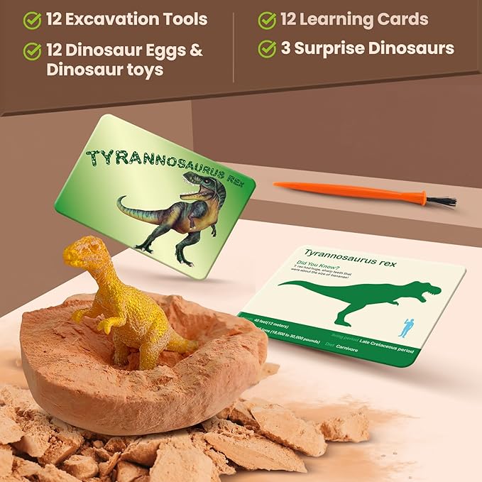 Dino Eggs Excavation Dig Kit-12 Unique Dinosaur Eggs with Educational Learning Cards -Easter Eggs STEM Science Activities - Educational Toy Gift for Kids Boys Girls Age 3+