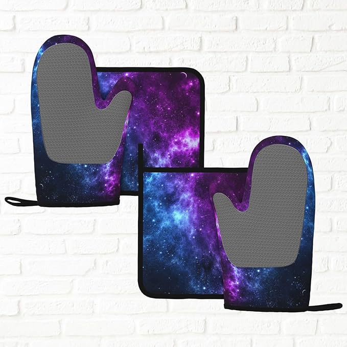 Cool Blue Purple Galaxy Oven Mitts and Pot Holders Sets of 4, Heat Resistant