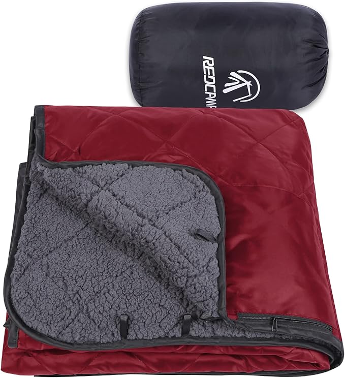 REDCAMP Large Camping Blanket with Sherpa Lining, Cold Weather Warm Outdoor Blanket Windproof for Camping Stadium, Machine Washable 59"x 79" Red
