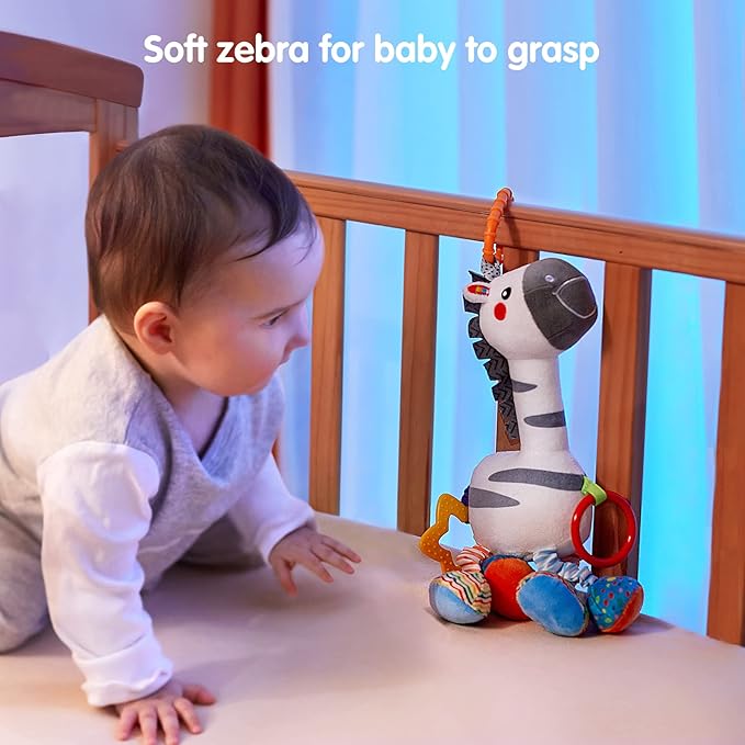 TUMAMA Baby Hanging Toys, Plush Animals Baby Rattle Crinkle Squeaky Toys Car Seat Stroller Mobile Toys, Baby Toys for 0 3 6 9 12 Months, Sensory Learning Toys Gift for Newborn Infant (Zebras)
