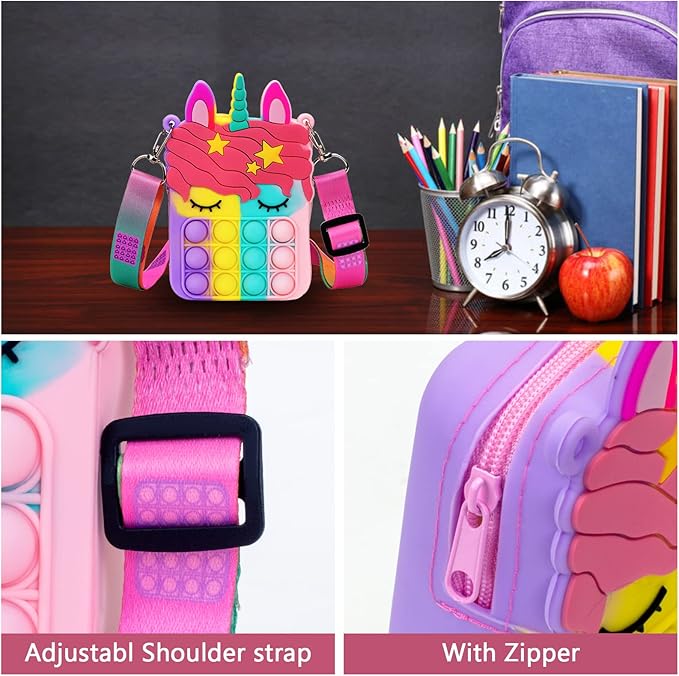 Civan Small Pop Purse,Unicorn Pop Purse for Girl Boy and Women Pop Bag with Unicorn Pop Toy,Shoulder Bag Fidget Toys Pop Fidget Backpack Toy for ADHD Anxiety School Backpack Silicone Bag Pop for Girls