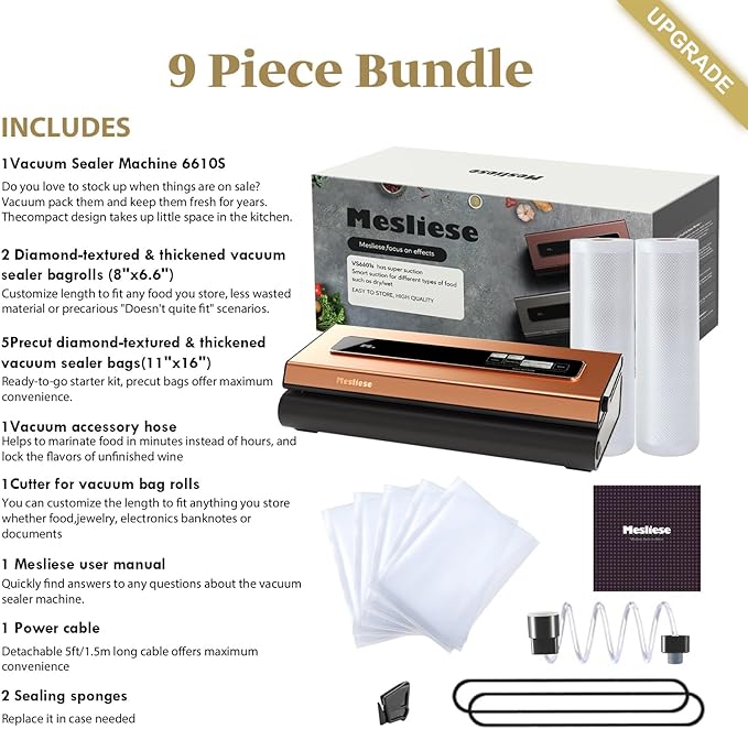 Mesliese Vacuum Sealer Machine Powerful 90Kpa Precision 6-in-1 Compact Vacuum Food Preservation System Built-in Cutter, 2 Bag Rolls & 5 Pre-cut Bags, Dry&Moist Modes Smart Suction, ETL Listed (Copper)