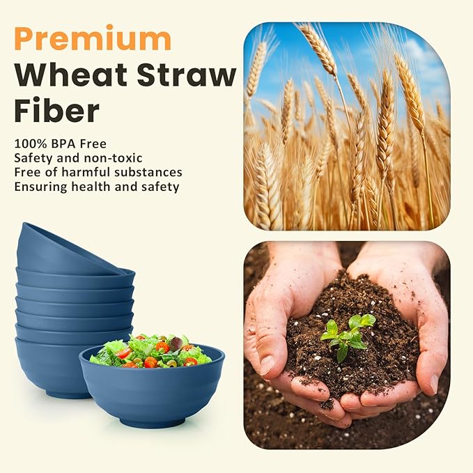 Homienly Deep Noodle Bowls Set of 8: 60oz Large Wheat Straw Bowls for Pho, Ramen & Salad, Lightweight & Unbreakable, Microwave Safe for Camping, Cereal & Soup (Blue)