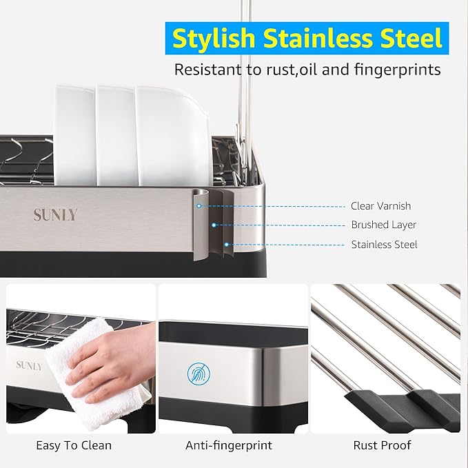 SUNLY 2 Tier Dish Drying Rack, Extra Large Dish Rack, 304 Stainless Steel