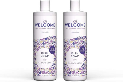 WELCOME Dish Soap - Cuts Grease - Soft on Hands - Paraben & Phthalate Free - Made in the USA - Sea Salt and & Lotus (16oz) 2 Pack