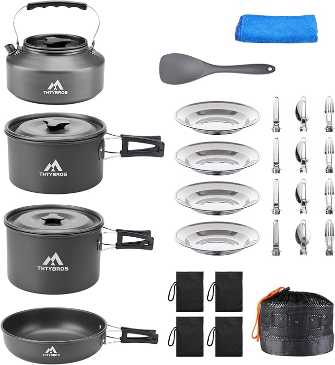 27pcs Camping Cookware Mess Kit for 2-4 People, Portable Cookware Set with Kettle, Pots & Pans, Stainless Steel Utensils, Plates, Dishware for Backpacking, Picnic, Outdoor Adventures