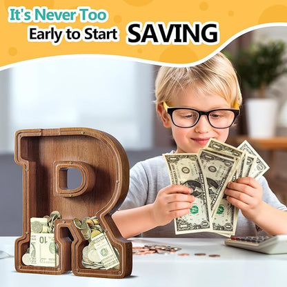 Summidate Customized Name Extra Large Wooden Piggy Bank for Kids Boys Girls Alphabets Letter A-Z Coins Bills Money Change Saving Box Clear Cover (Laser Engraved) Educational Toys 12"- Letter R