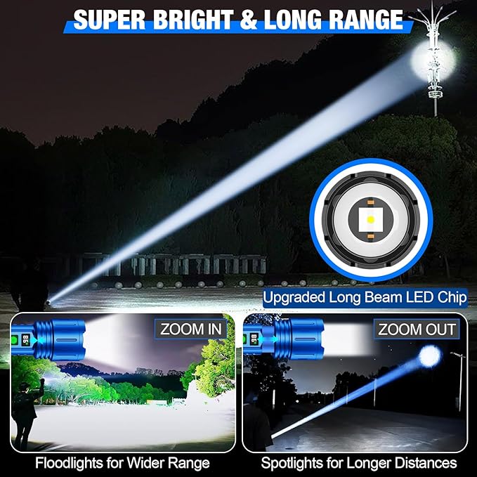 Flashlights High Lumens Rechargeable, Super Bright LED Powerful Flashlight, Type-C, 5 Modes, Zoomable, IPX5 Waterproof High Powered Tactical Flash Light for Emergency Camping,Blue