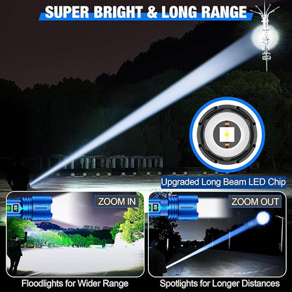 Flashlights High Lumens Rechargeable, Super Bright LED Powerful Flashlight, Type-C, 5 Modes, Zoomable, IPX5 Waterproof High Powered Tactical Flash Light for Emergency Camping,Blue